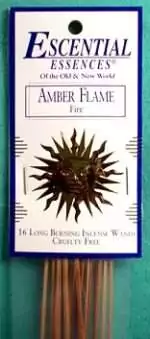 Amber Flame Escential Essences incense sticks 16-pack by Auric Blends — warm amber golden packaging on white background.