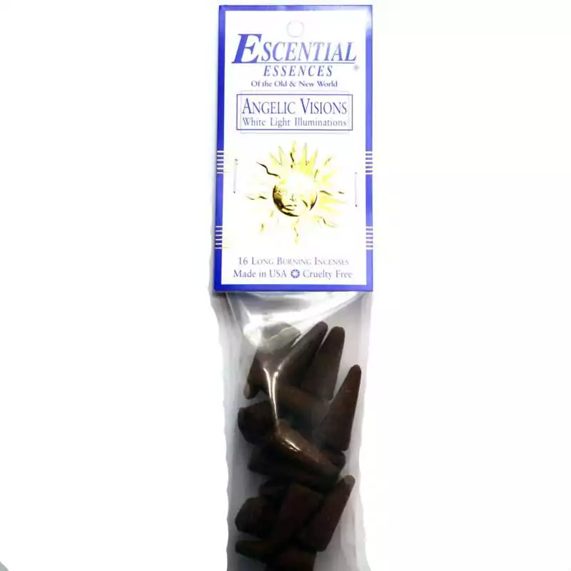 16pk-Angelic-Vision-escential-essences-incense-cones-ICMANGV Angelic Vision Escential Essences incense cones 16-pack by Auric Blends — ethereal light floral angel packaging on white background.