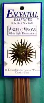 Angelic Visions Escential Essences incense sticks 16-pack by Auric Blends — ethereal angelic packaging on white background.