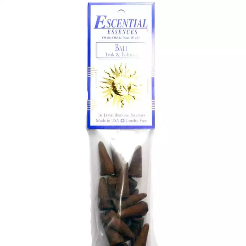 16pk-Bali-escential-essences-incense-cones-ICMBAL Bali Escential Essences incense cones 16-pack by Auric Blends — tropical sacred Balinese blend packaging on white background.