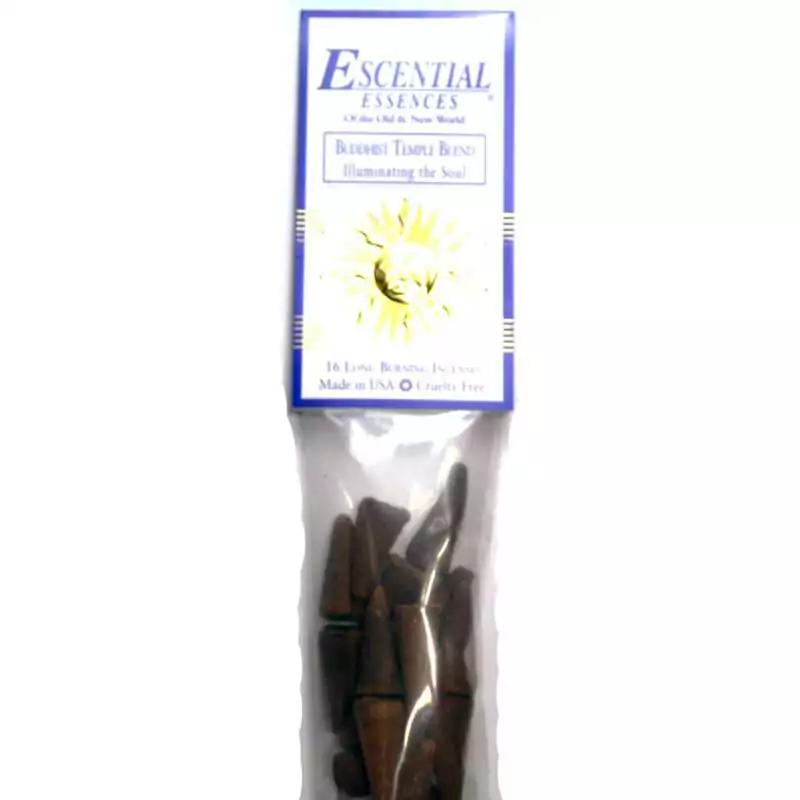 16pk-Buddhist-escential-essences-incense-cones-ICMBUDT Buddhist Temple Escential Essences incense cones 16-pack by Auric Blends — sacred meditative temple blend packaging on white background.
