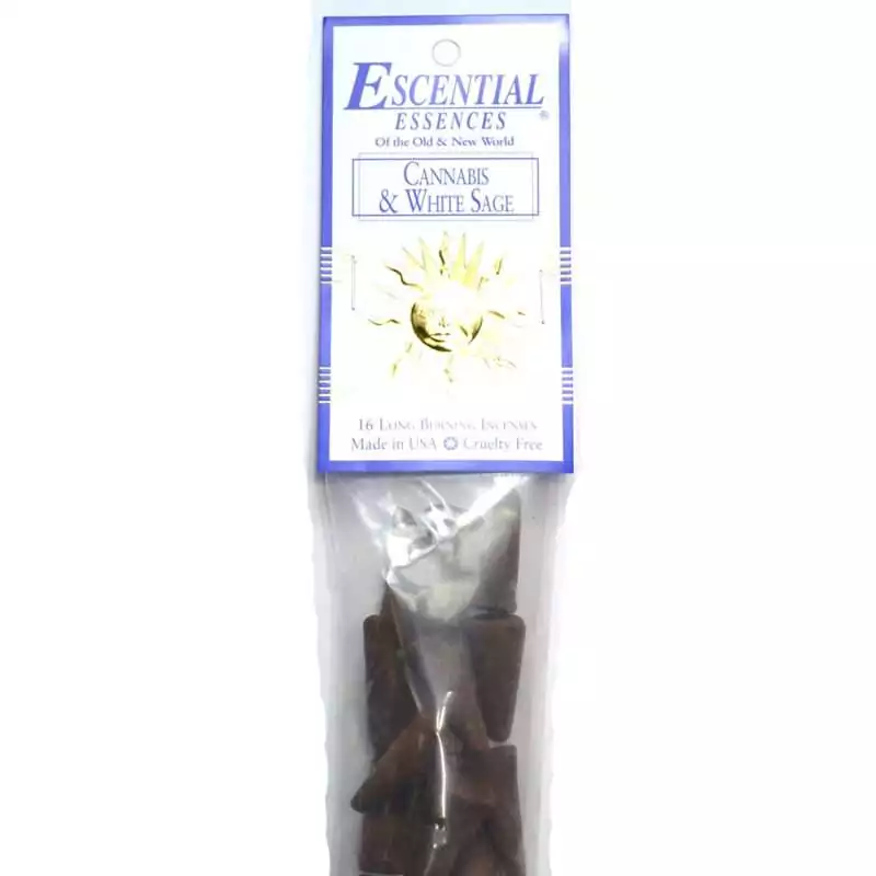 16pk-Cannabis-White-Sage-escential-essences-incense-cones-ICMCANWS Cannabis and White Sage Escential Essences incense cones 16-pack by Auric Blends — earthy cleansing botanical packaging on white background.