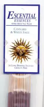 Cannabis and White Sage Escential Essences incense sticks 16-pack by Auric Blends — herbal label packaging on white background.