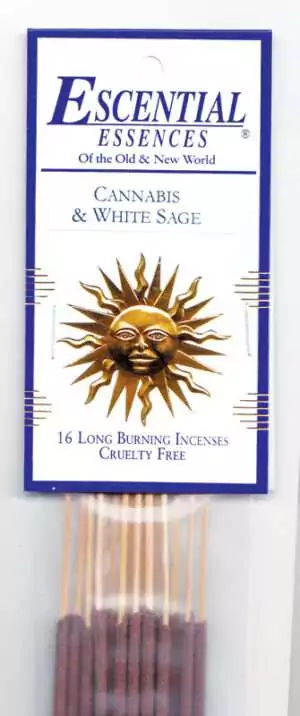 Cannabis and White Sage Escential Essences incense sticks 16-pack by Auric Blends — herbal label packaging on white background.