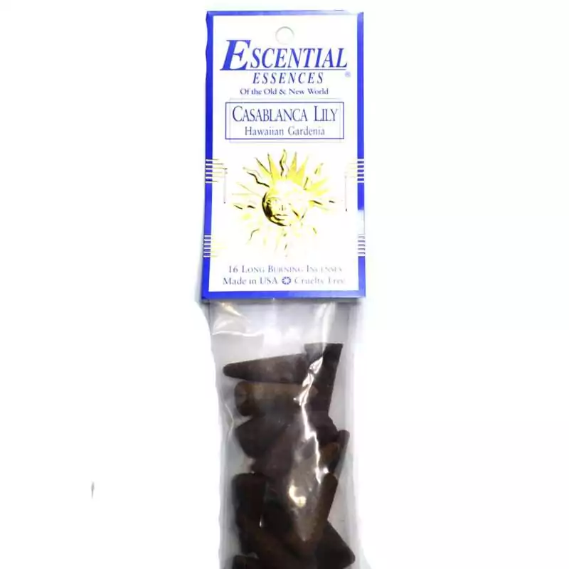 16pk-Casablanca-Lily-escential-essences-incense-cones-ICMCASL Casablanca Lily Escential Essences incense cones 16-pack by Auric Blends — opulent white lily floral packaging on white background.