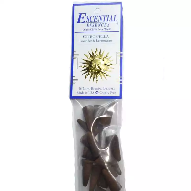 Citronella Escential Essences incense cones 16-pack by Auric Blends — bright fresh lemon packaging on white background.