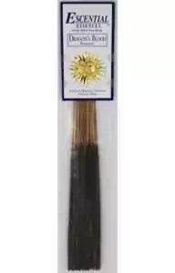 Dragon's Blood Escential Essences incense sticks 16-pack by Auric Blends — bold dragon-themed packaging on white background.