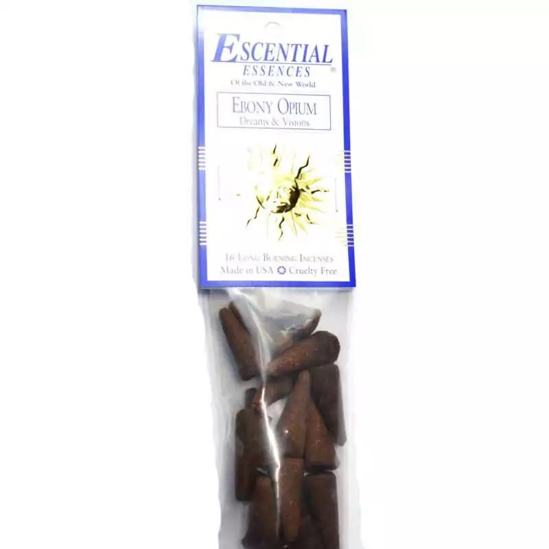 16pk-Ebony-Opium-escential-essences-incense-cones-ICMEBOO Ebony Opium Escential Essences incense cones 16-pack by Auric Blends — dark exotic dreamwork packaging on white background.