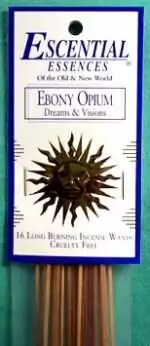 Ebony Opium Escential Essences incense sticks 16-pack by Auric Blends — dark opulent packaging on white background.