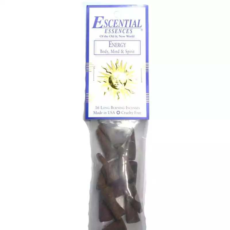 Energy Escential Essences incense cones 16-pack by Auric Blends — vibrant solar vitality packaging on white background.