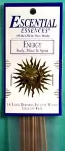 Energy Escential Essences incense sticks 16-pack by Auric Blends — vibrant citrus-toned energizing packaging on white background.