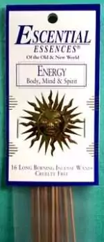 Energy Escential Essences incense sticks 16-pack by Auric Blends — vibrant citrus-toned energizing packaging on white background.