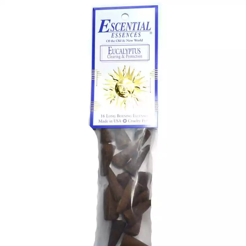 16pk-Eucalyptus-escential-essences-incense-cones-ICMEUC Eucalyptus Escential Essences incense cones 16-pack by Auric Blends — fresh clean green eucalyptus packaging on white background.