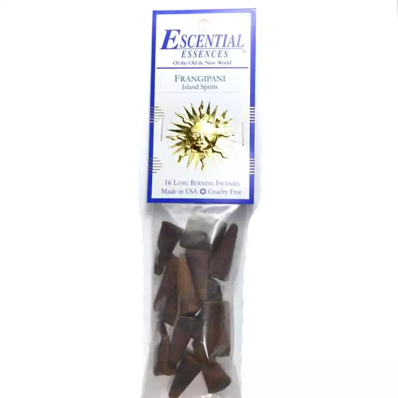 16pk-Frangipani-escential-essences-incense-cones-ICMFRAN Frangipani Escential Essences incense cones 16-pack by Auric Blends — tropical white flower sacred packaging on white background.
