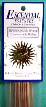 Frankincense and Myrrh Escential Essences incense sticks 16-pack by Auric Blends — dual resin packaging on white background.