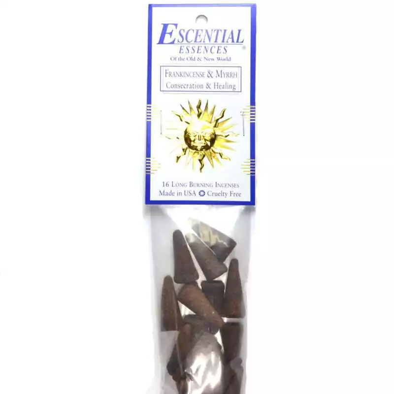 16pk-Frankincense-Myrrh-escential-essences-incense-cones-ICMFM Frankincense and Myrrh Escential Essences incense cones 16-pack by Auric Blends — twin sacred resin packaging on white background.