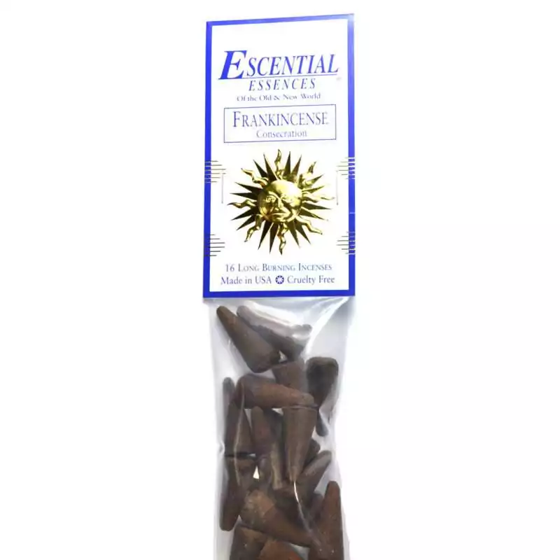 16pk-Frankincense-escential-essences-incense-cones-ICMFRA Frankincense Escential Essences incense cones 16-pack by Auric Blends — ancient sacred resin gold packaging on white background.