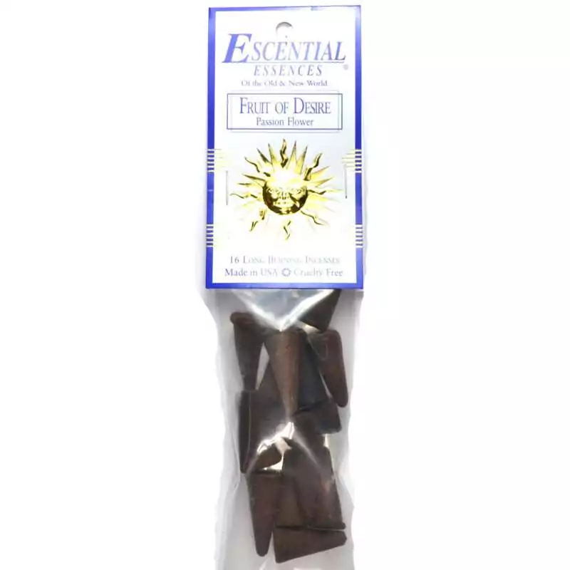 Fruit of Desire Escential Essences incense cones 16-pack by Auric Blends — sweet tropical attraction packaging on white background.