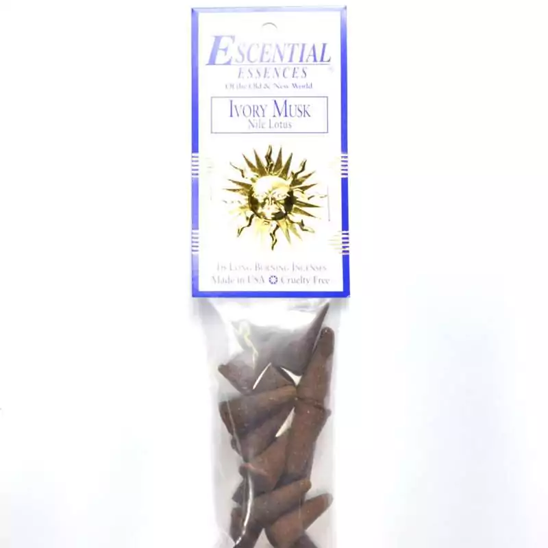 Ivory Musk Escential Essences incense cones 16-pack by Auric Blends — Nile lotus clean musk packaging on white background.