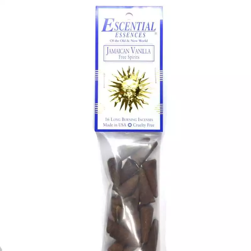 Jamaican Vanilla Escential Essences incense cones 16-pack by Auric Blends — warm sweet vanilla packaging on white background.