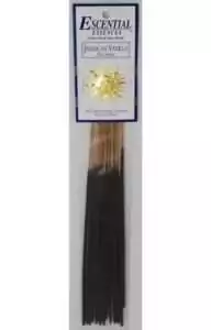 Escential Essences Jamaican Vanilla incense sticks 16-pack in retail packaging showing sweet vanilla fragrance hand-dipped sticks