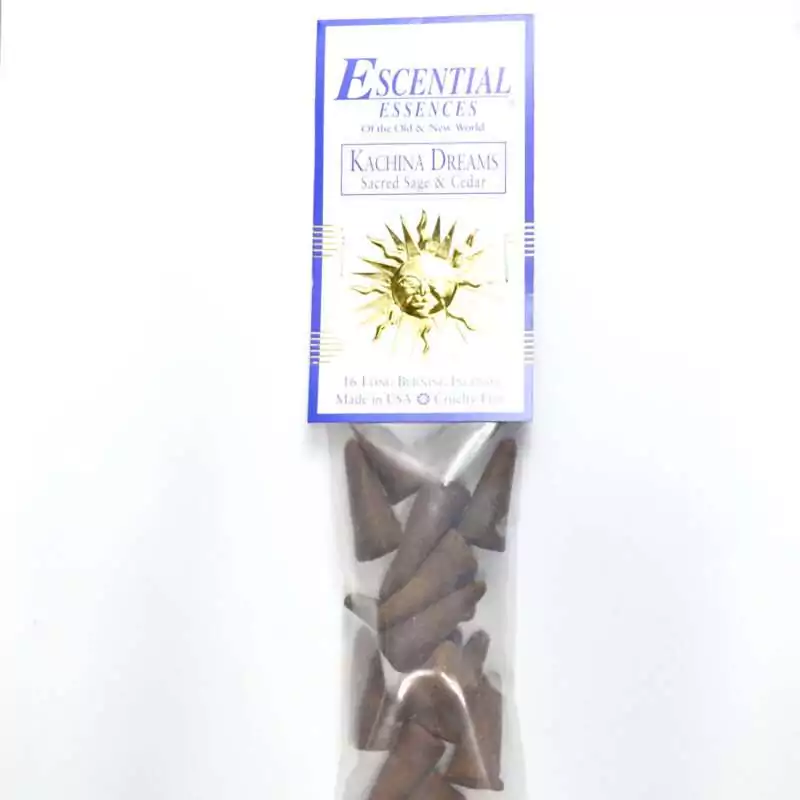 16pk-Kachina-Dreams-escential-essences-incense-cones-ICMKACD Kachina Dreams Escential Essences incense cones 16-pack by Auric Blends — sage cedar spirit vision packaging on white background.