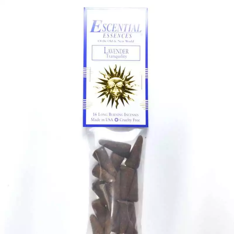 16pk-Lavender-escential-essences-incense-cones-ICMLAVE Lavender Escential Essences incense cones 16-pack by Auric Blends — calming purple lavender packaging on white background.
