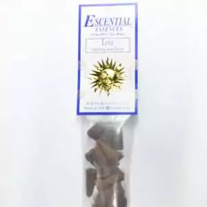 Love Escential Essences incense cones 16-pack by Auric Blends — romantic floral heart packaging on white background.