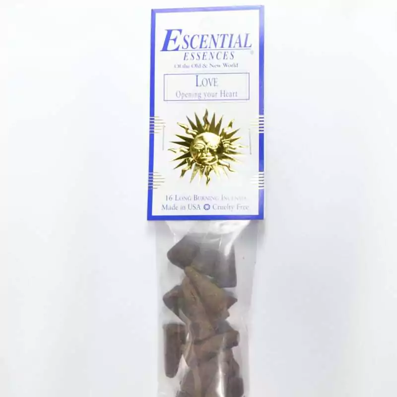 16pk-Love-escential-essences-incense-cones-ICMLOV Love Escential Essences incense cones 16-pack by Auric Blends — romantic floral heart packaging on white background.