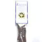 Clear bag of dark brown Mayan Temple Blend incense cones below a white and blue Escential Essences label reading Patchouli Rose, with a gold sun-face emblem