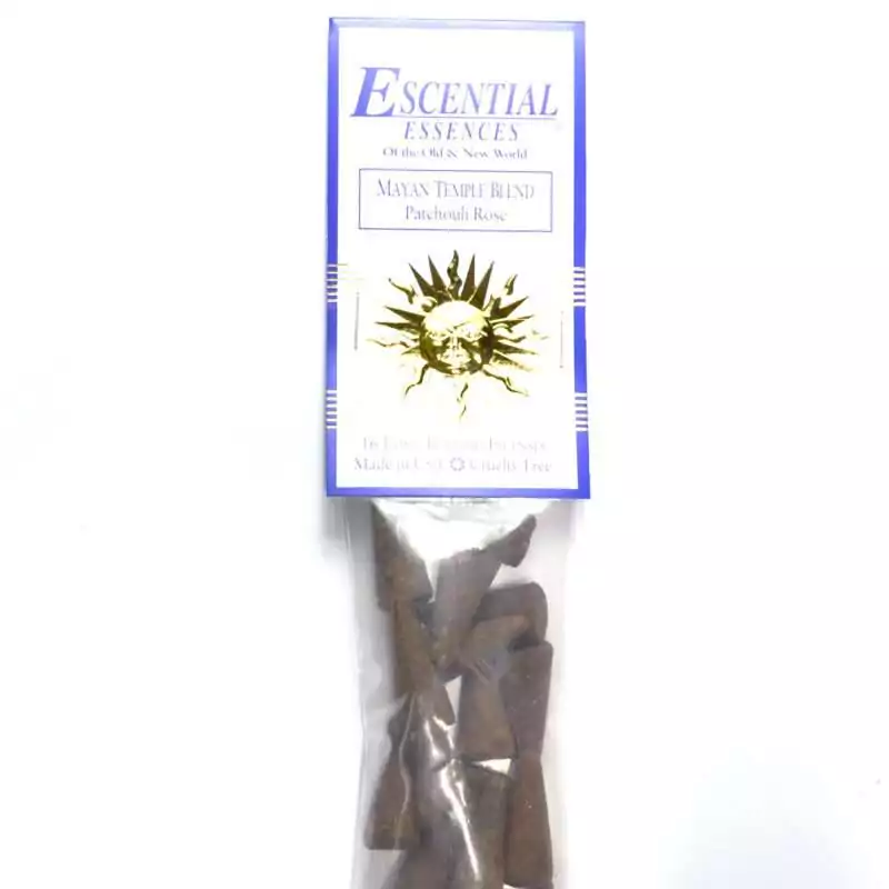 16pk-Mayan-Temple-escential-essences-incense-cones-ICMMAYT Clear bag of dark brown Mayan Temple Blend incense cones below a white and blue Escential Essences label reading Patchouli Rose, with a gold sun-face emblem