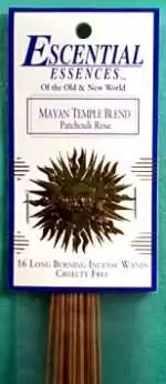 Mayan Temple Escential Essences incense sticks 16-pack by Auric Blends — ancient temple-themed packaging on white background.