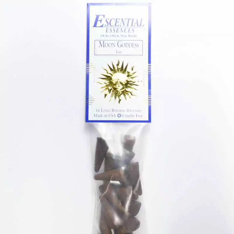 16pk-Moon-Goddess-escential-essences-incense-cones-ICMMOOG Moon Goddess Escential Essences incense cones 16-pack by Auric Blends — luminous lunar goddess packaging on white background.