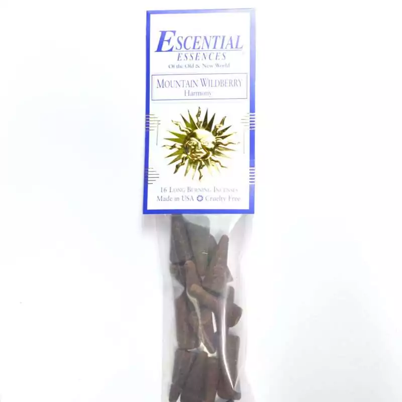 Mountain Wildberry Escential Essences incense cones 16-pack by Auric Blends — bright fruity berry packaging on white background.
