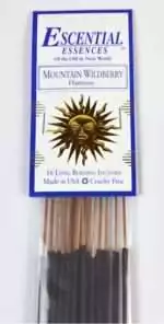 Mountain Wildberry Escential Essences incense sticks 16-pack by Auric Blends — bright berry packaging on white background.