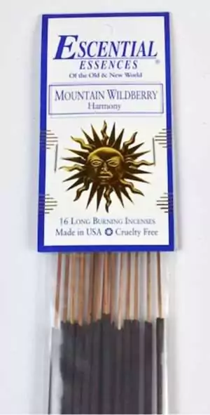 Mountain Wildberry Escential Essences incense sticks 16-pack by Auric Blends — bright berry packaging on white background.