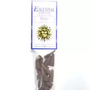 Myrrh Escential Essences incense cones 16-pack by Auric Blends — ancient sacred resin packaging on white background.