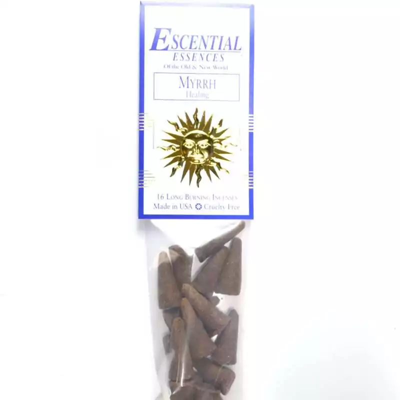 16pk-Myrrh-escential-essences-incense-cones-ICMMYR Myrrh Escential Essences incense cones 16-pack by Auric Blends — ancient sacred resin packaging on white background.