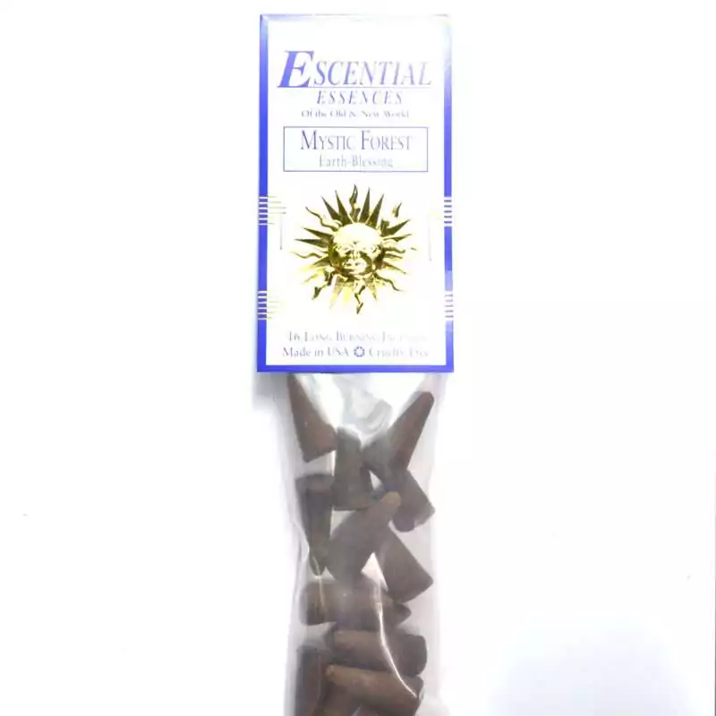 16pk-Mystic-Forest-escential-essences-incense-cones-ICMMYSF Mystic Forest Escential Essences incense cones 16-pack by Auric Blends — deep woodland green packaging on white background.