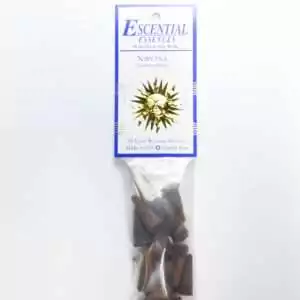 Nirvana Escential Essences incense cones 16-pack by Auric Blends — transcendent ethereal packaging on white background.
