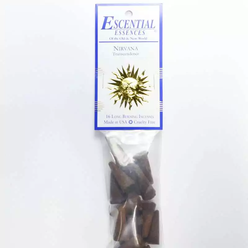16pk-Nirvana-escential-essences-incense-cones-ICMNIR Nirvana Escential Essences incense cones 16-pack by Auric Blends — transcendent ethereal packaging on white background.
