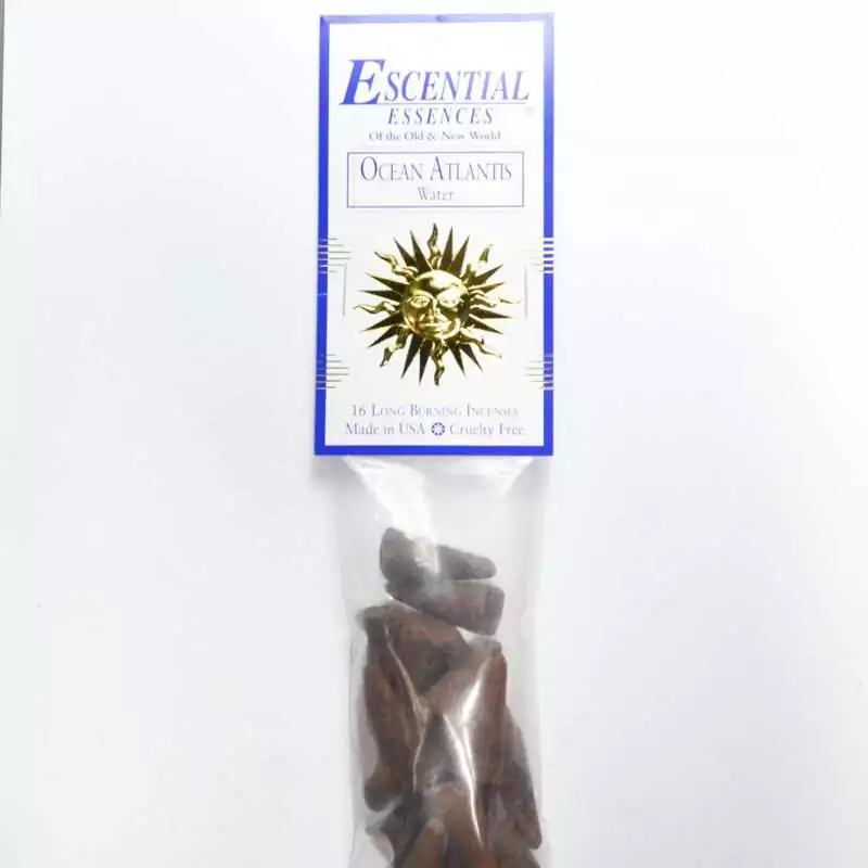 Ocean Atlantis Escential Essences incense cones 16-pack by Auric Blends — aquatic blue ocean packaging on white background.