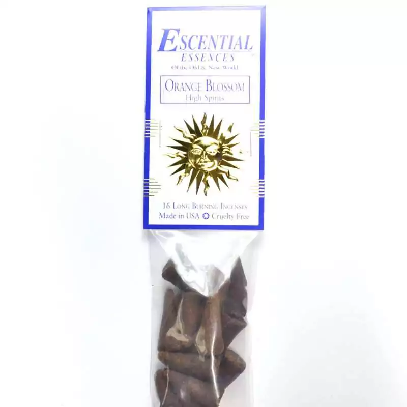 Orange Blossom Escential Essences incense cones 16-pack by Auric Blends — bright floral spring packaging on white background.