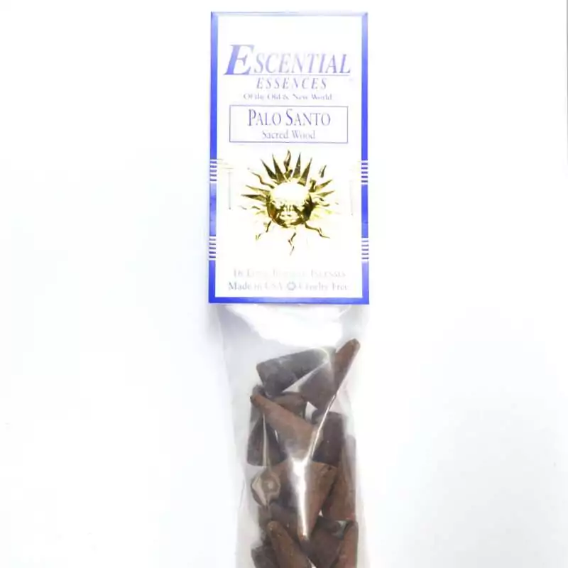 Palo Santo Escential Essences incense cones 16-pack by Auric Blends — holy wood cleansing blend packaging on white background.
