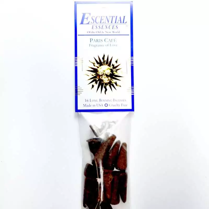 16pk-Paris-Cafe-escential-essences-incense-cones-ICMPARC Paris Cafe Escential Essences incense cones 16-pack by Auric Blends — warm coffee vanilla packaging on white background.