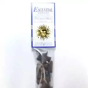 Patchouli Musk Escential Essences incense cones 16-pack by Auric Blends — earthy sensual musk packaging on white background.