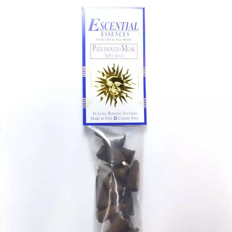 Patchouli Musk Escential Essences incense cones 16-pack by Auric Blends — earthy sensual musk packaging on white background.