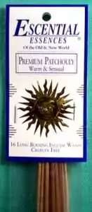 Premium Patchouli Escential Essences incense sticks 16-pack by Auric Blends — earthy brown-toned botanical packaging on white background.