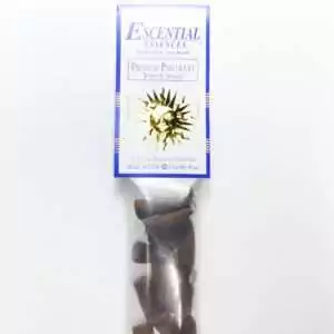 Premium Patchouli Escential Essences incense cones 16-pack by Auric Blends — rich dark earthy patchouli packaging on white background.