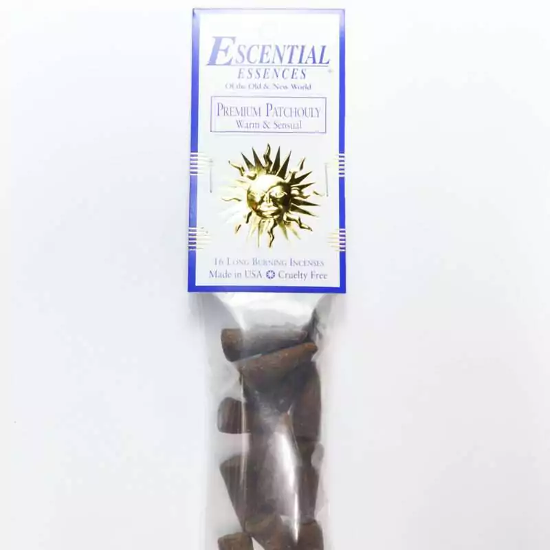 Premium Patchouli Escential Essences incense cones 16-pack by Auric Blends — rich dark earthy patchouli packaging on white background.